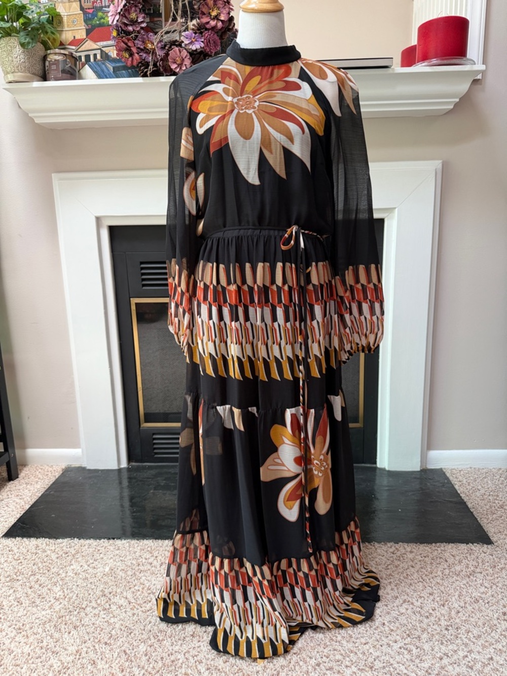 Maison Tara Black Maxi Dress with Rust and Mustard Floral Print